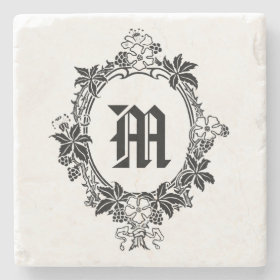 Black and White Floral Border with Monogram Stone Beverage Coaster