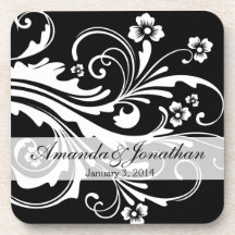 Black and White Floral Chic Wedding Drink Coasters