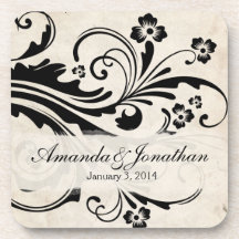 Black and White Floral Chic Wedding Beverage Coasters