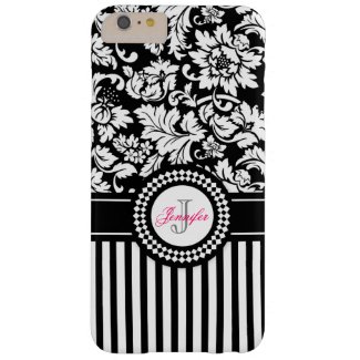 Black And White Floral Damask & Stripes-Monogram Barely There iPhone 6 Plus Case