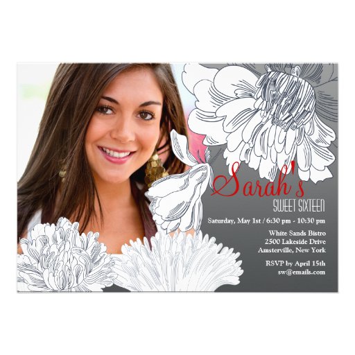 Black and White Floral Photo Invitation