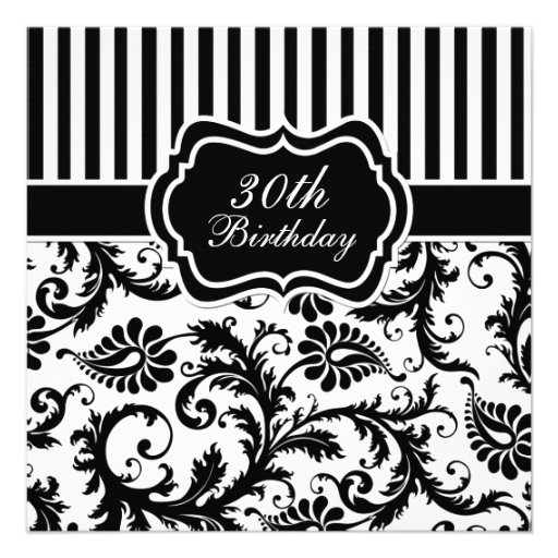 Black and White Floral Stripe 30th Birthday Invite (front side)