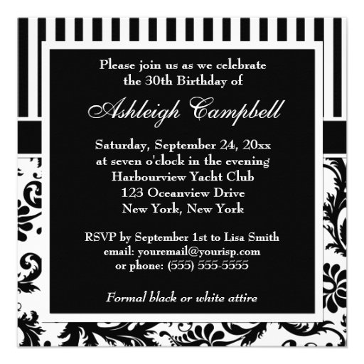 Black and White Floral Stripe 30th Birthday Invite