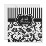Black and White Floral Stripe 30th Birthday Invite