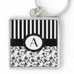 Black and White Floral Striped Monogram Keychain
