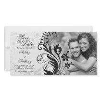 Black and White Floral Wedding Save the Date Picture Card