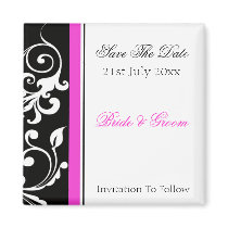 Black And White Floral With Hot Pink Save The Date magnets