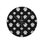 black and white flourish damask pattern round wall clocks
