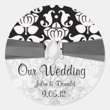 black and white flourish damask wedding sticker
