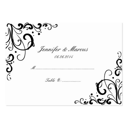 Black and White Flourish Wedding Seating Cards Business Card Template (front side)
