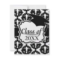 black and white funky damask pattern graduation personalized invites