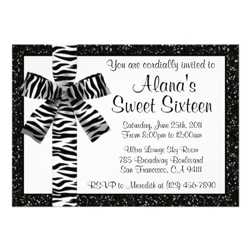 Black and White Glitter Invite With Zebra Bow