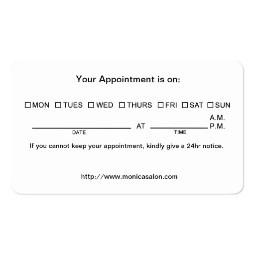 Black and White  Hair Salon with Appointment Date Business Card Template (back side)