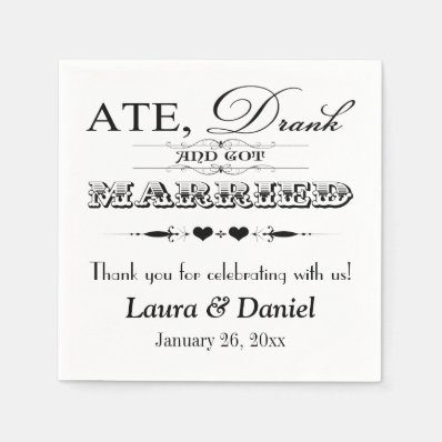 Black and White Hearts, Scrolls Wedding Napkins