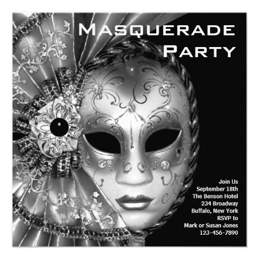 Black and White Masquerade Party Personalized Invites (front side)