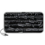 Black and white music notes travelling speaker