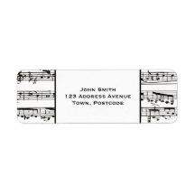 Black and white musical notes (small text) return address labels