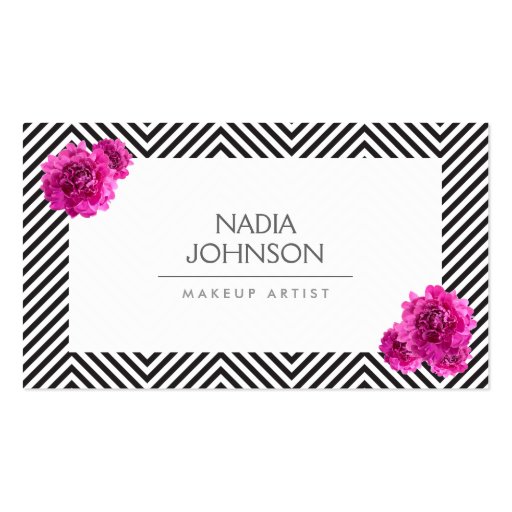 Black and White Pattern with Pink Flowers Beauty Business Cards (front side)