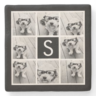 Black and White Photo Collage Custom Monogram Stone Coaster