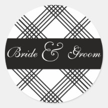 Black and White Plaid Wedding Round Sticker