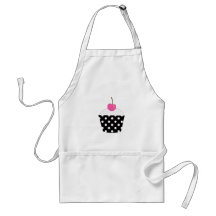 Black and White Polka Dot Cupcake With Pink Cherry Aprons