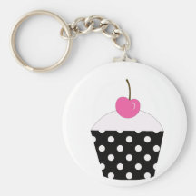 Black and White Polka Dot Cupcake With Pink Cherry Key Chain