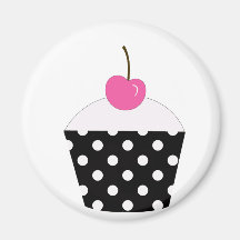 Black and White Polka Dot Cupcake With Pink Cherry Refrigerator Magnet