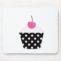 Black and White Polka Dot Cupcake With Pink Cherry Mouse Pad