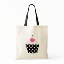 Black and White Polka Dot Pink Cherry Cupcake Tote Tote Bag