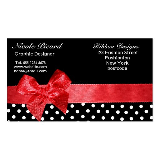 Black and white polka dots & red ribbon graphic business card template (back side)