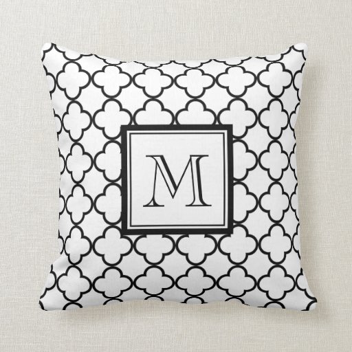 Black and White Quatrefoil, Your Monogram Throw Pillow Zazzle