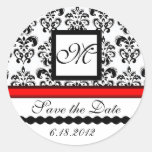 BLACK AND WHITE RED  DAMASK MONOGRAM,Save The Date Round Sticker