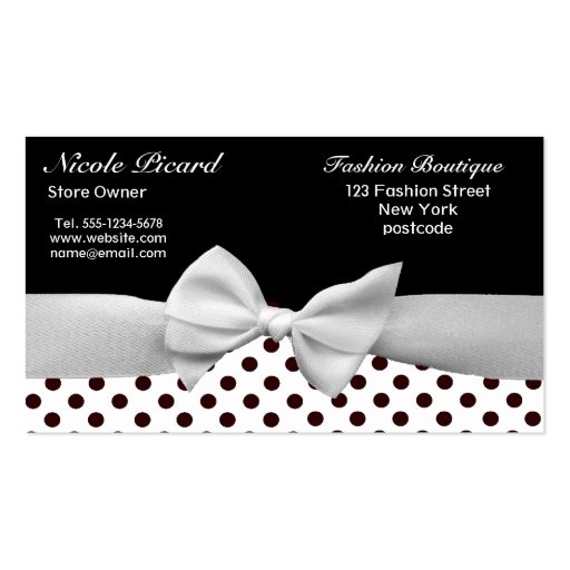 Black and white ribbon and polka dots business card templates (back side)