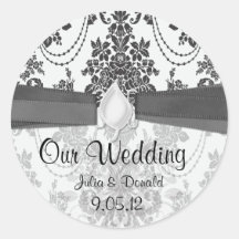 black and white rose damask wedding round sticker