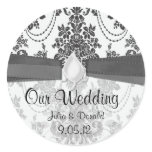 black and white rose damask wedding round sticker