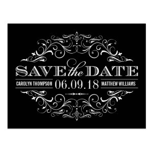 Black and White Save the Date | Swirl and Flourish Postcard