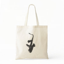 Black and white saxophone and two hands bags