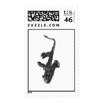 Black and white saxophone and two hands postage stamp