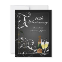 Black and White Silver Champagne Anniversary Party Personalized Invitations