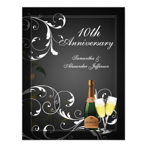 Black and White Silver Champagne Anniversary Party Personalized Invitations