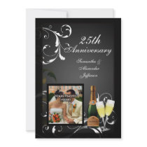 Black and White Silver Champagne Photo Anniversary Personalized Invitation