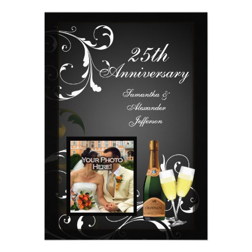 Black and White Silver Champagne Photo Anniversary Personalized Invitation