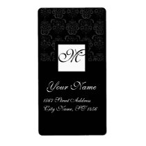 BLACK AND WHITE SQUARE DAMASK MONOGRAM SHIPPING LABELS