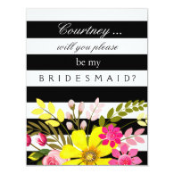 contemporary modern stylish hip cool Black and White Striped Flowers Bridesmaid Request 4.25x5.5 Paper Invitation Card