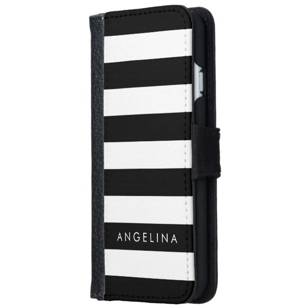 Black and White Striped Pattern Custom Name iPhone 6 Wallet Case
