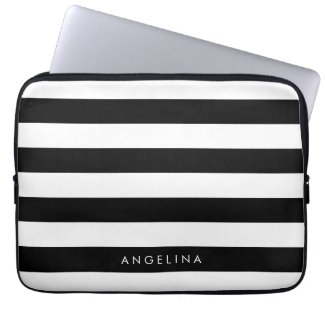 Black and White Striped Pattern Custom Name Laptop Sleeve