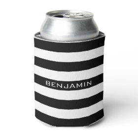 Black and White Striped Pattern Custom Name Can Cooler
