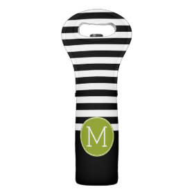 Black and White Striped Pattern Green Monogram Wine Bags
