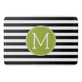 Black and White Striped Pattern Green Monogram Bath Mats