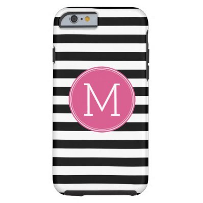 Black and White Striped Pattern Hot Pink Monogram Tough iPhone 6 Case